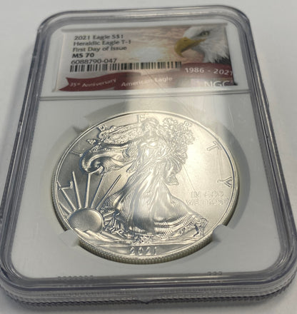 2021 NGC MS70 Heraldic Eagle T-1 $1 American Silver Eagle First Day of Issue